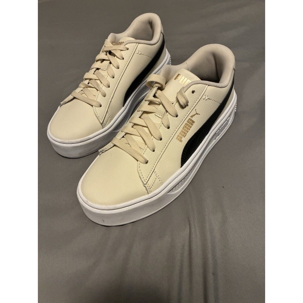PUMA Smash V3 Platform Sneaker in Alpine Snow-Black-Gold-White Women's 7.5